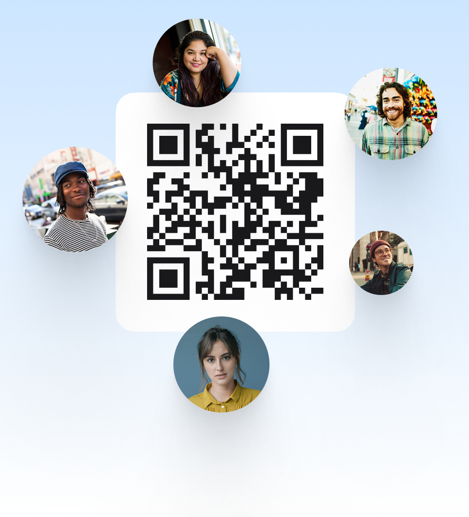 A QR code surrounded by circular profile pictures of different individuals, representing a group sharing or splitting an expense through the bill splitting app.